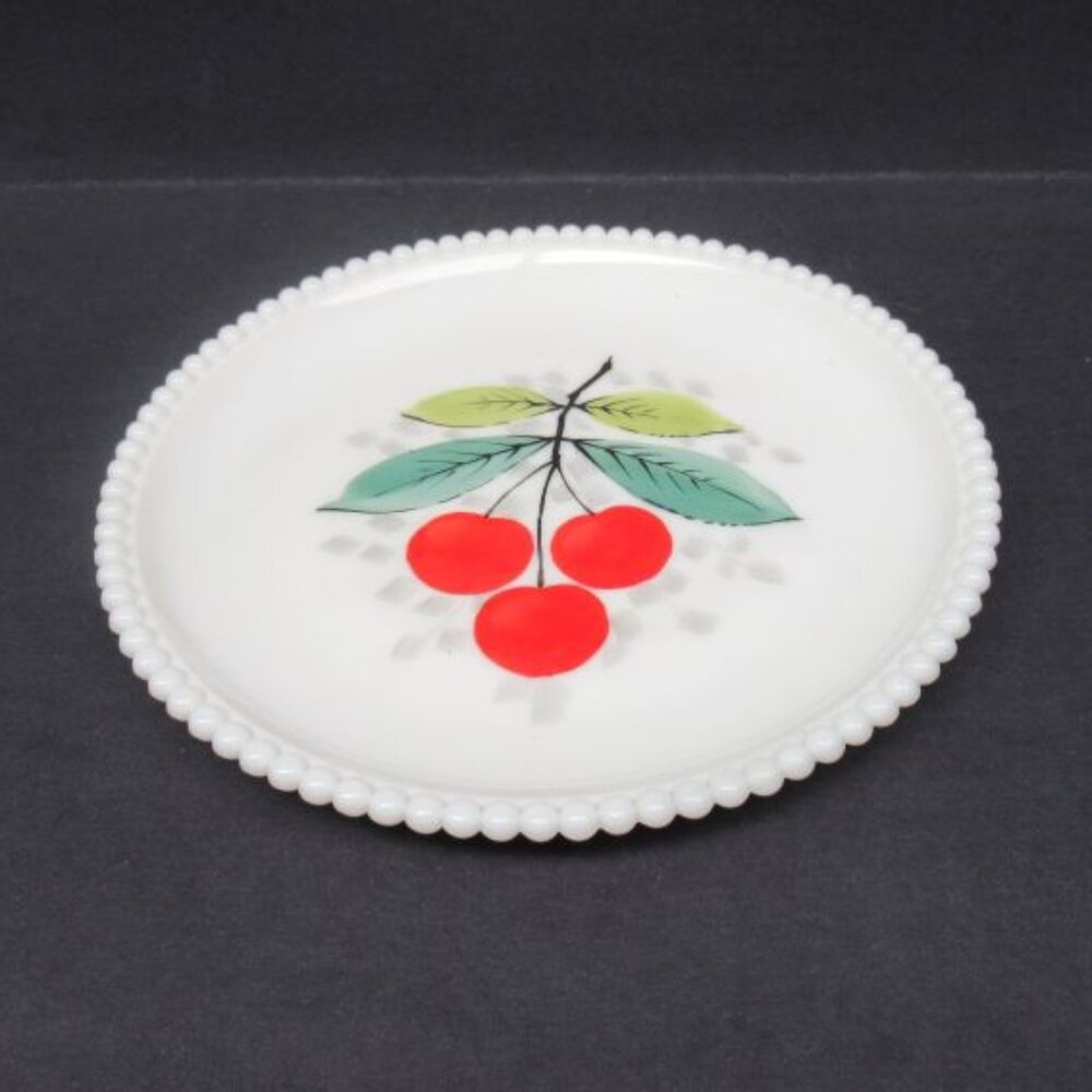 Westmoreland Milk Glass BEADED EDGE 7 1/4 Inch Hand Painted Cherry Plate